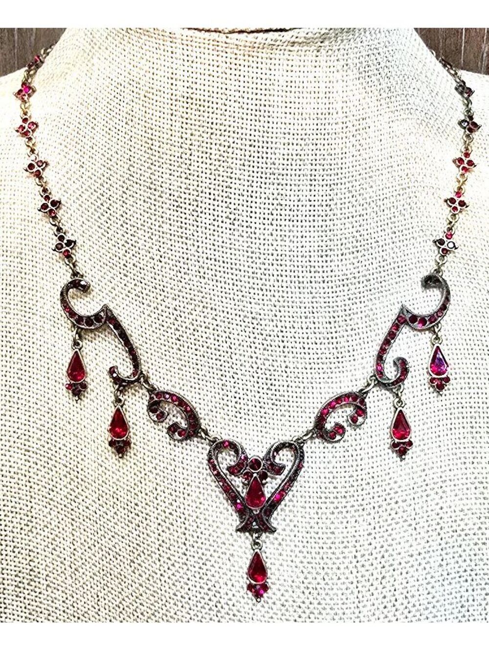 Victorian Style Festoon Necklace Red Rhinestones
